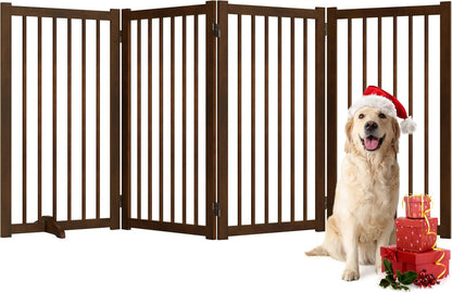 36" H Freestanding Dog Gate, Solid Wood Foldable Pet Gate with Support Feet, Wooden Tall Dog Gate for Doorway, Stairs & Indoor Use, 60" Wide Expandable Pet Fence, 3 Panels, Walnut