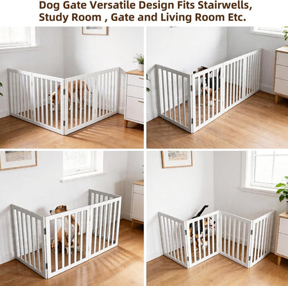 Dog Gate Indoor, Freestanding Dog Fence for The House, Doorways, Hallways,or Stairs,Pet Gate Foldable Wooden,Expandable 24" Height 3 Panels,White