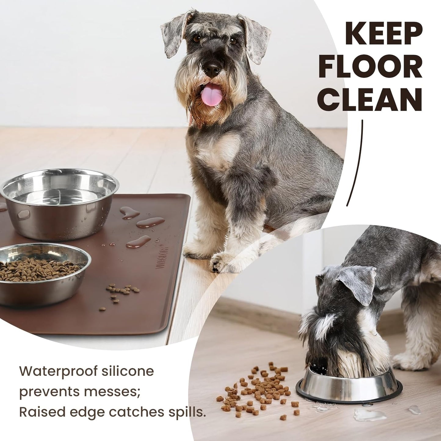 VIVAGLORY Dog Food Mat Flexmat Dog Bowl Mat, Placemat Food Tray with Raised Edges & Lip for Indoor Floor, Non Slip Waterproof Silicone Dish Placemat for Cat & Pet, S, Grey