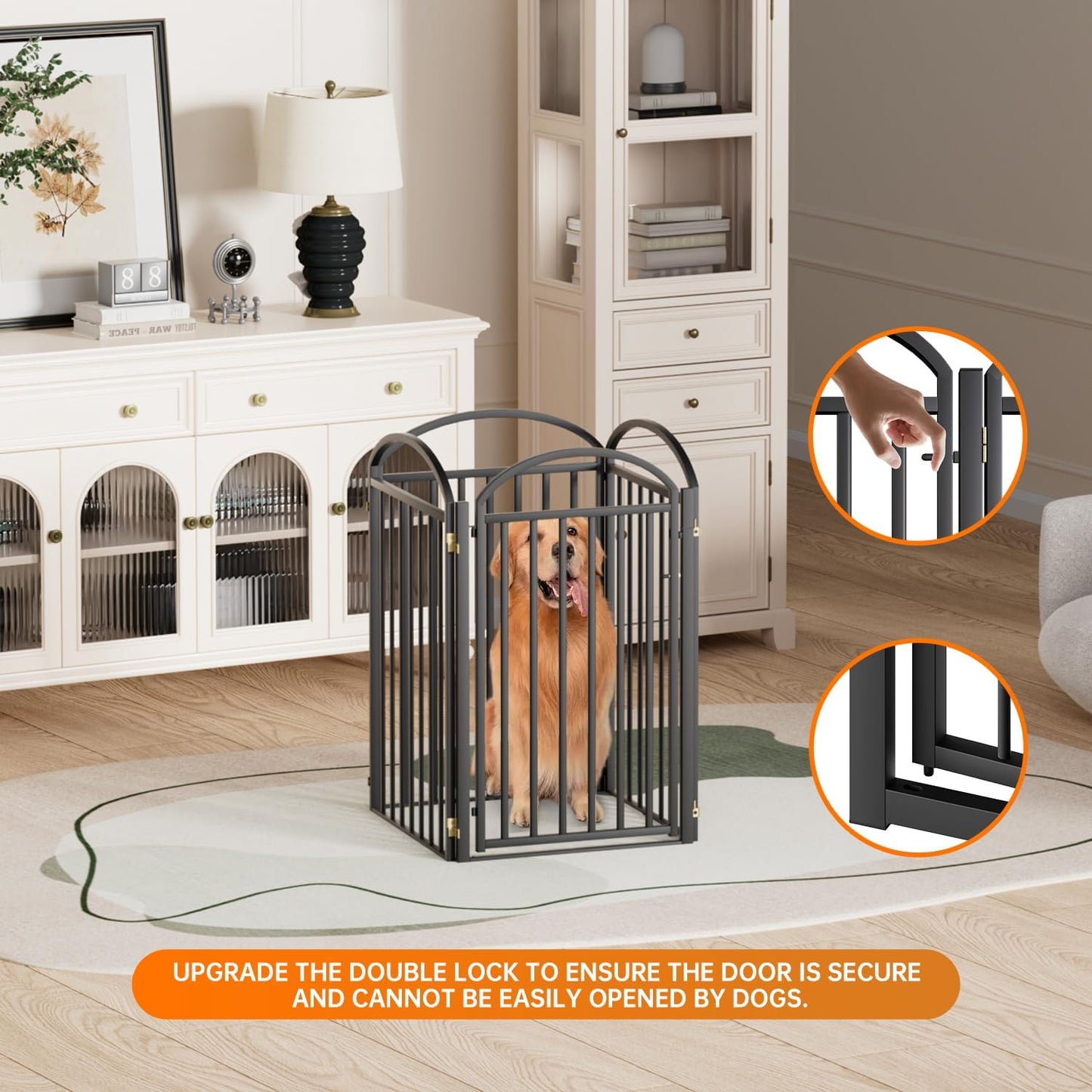 SNUOWU 4 Panels Full Matel Freestanding Dog Gates with Door, 96"Extra Wide 32"Tall Free Standing Dog Pet Gate for Indoor & Outdoor. Foldable Pet Fences for Doorways, House, Stairs, Porch, Deck, Yard