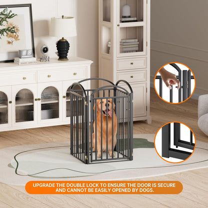 SNUOWU 4 Panels Full Matel Freestanding Dog Gates with Door, 96"Extra Wide 32"Tall Free Standing Dog Pet Gate for Indoor & Outdoor. Foldable Pet Fences for Doorways, House, Stairs, Porch, Deck, Yard