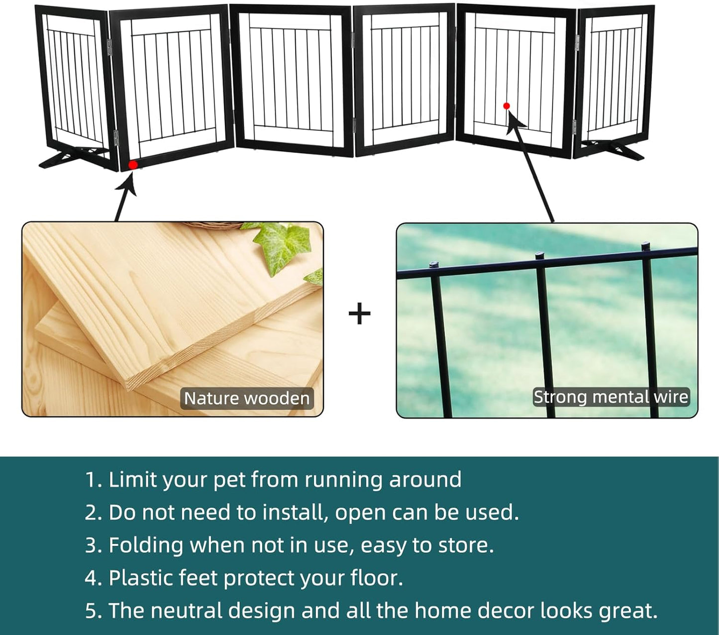 ZJSF Freestanding Dog Gate Indoor, Foldable Dog Fence for Doorways,Hallways or Stairs, Sturdy Wood Extra Wide Pet Gate with Support Feet,Black,24 "Height-3 Panels