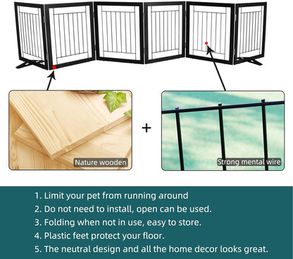 ZJSF Freestanding Dog Gate Indoor, Foldable Dog Fence for Doorways,Hallways or Stairs, Sturdy Wood Extra Wide Pet Gate with Support Feet,Black,24 "Height-3 Panels
