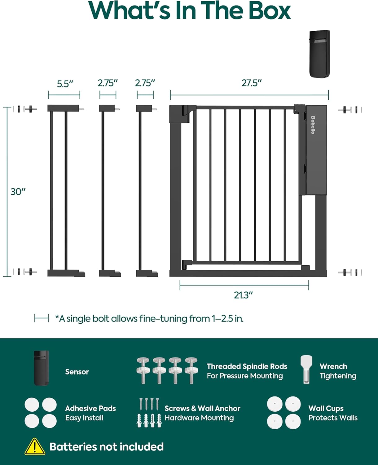 Babelio Smart Baby Gate with Auto-Unlock/Close, Pressure Mounted No Drill for Doorways/Top of Stairs. Pet/Dog Door Wide Walk Thru w/Infrared Sensor & Safety Alert (Black, 26.3-37.8" W, 30" H)
