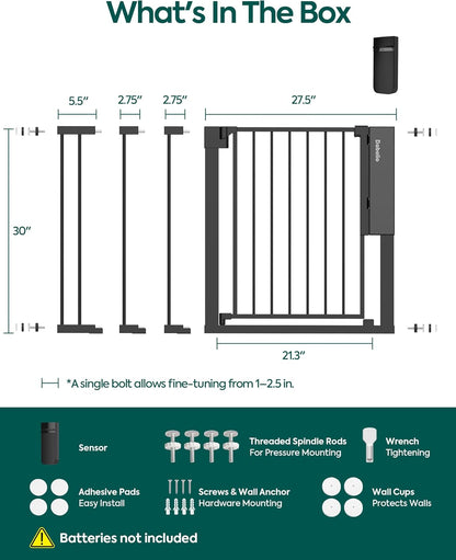 Babelio Smart Baby Gate with Auto-Unlock/Close, Pressure Mounted No Drill for Doorways/Top of Stairs. Pet/Dog Door Wide Walk Thru w/Infrared Sensor & Safety Alert (Black, 26.3-37.8" W, 30" H)