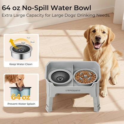 URPOWER Mess Proof Elevated Dog Bowls 4 Height Adjustable Raised Stand with No Spill Water Bowl and Slow Feeder Dog Bowls Non-Slip Food and Water Bowl Set for Small, Medium & Large Dogs