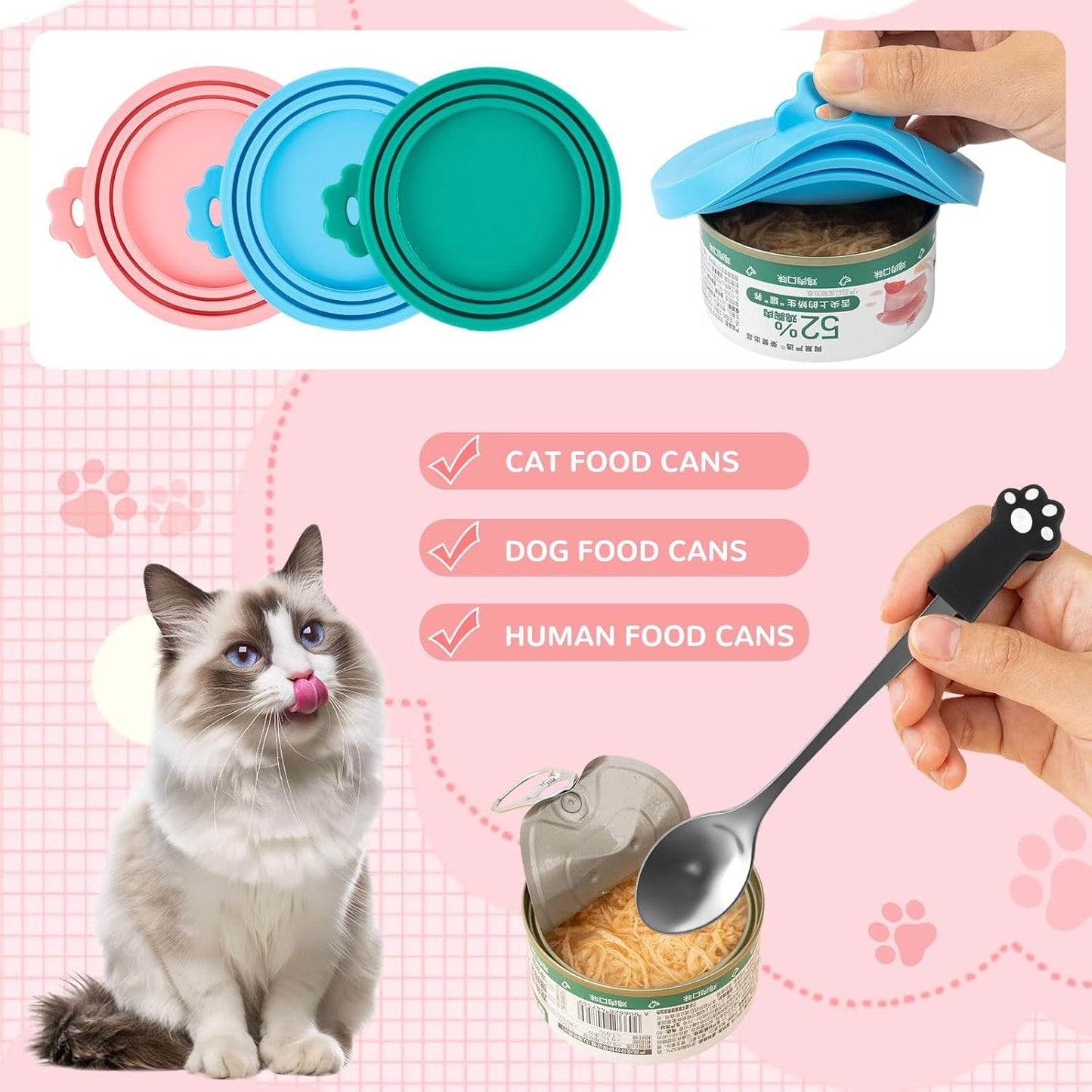 6 PCS Silicone Pet Food Can Covers Lids Set, Multi-Function Cat & Dog Wet Food Can Lids with Stainless Steel Spoon, Built-in Opener, Paw-Shaped Spatula & Treat Squeezer