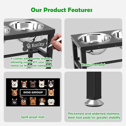SHAINFUN Metal Elevated Dog Bowls Stand for Large Dogs with Mat & Three 58oz Food Water Bowls, Adjustable Height Raised Dog Bowl Stand
