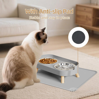 Elevated Cat Bowl, Raised Cat Food and Water Bowl Set for Indoor Cats, Splash Proof with 2 Stainless Steel Pet Food Bowls for Cats and Puppies, Whisker Fatigue and Dishwasher Safe - White