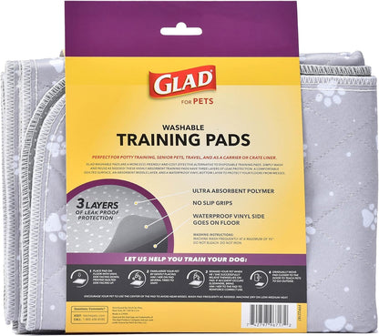 Glad for Pets Washable Dog Pee Pads, Medium, 24 x 36 Inch, 2 Count, Gray with Paw Prints, 3-Layer Leak Protection, No-Slip Vinyl Bottom, Reusable Puppy Training Pads