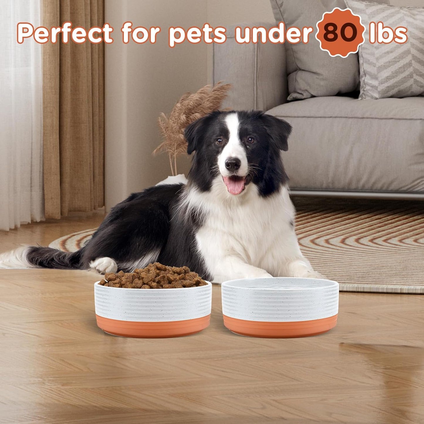 SPUNKYJUNKY Elevated Dog Bowls Ceramic, 6.1'' Dogs and Cat Food Water Bowls Raised with Non-Slip Bamboo Stand for Medium Sized Breed Microwave Dishwasher Safe - 28.7 OZ,Beige