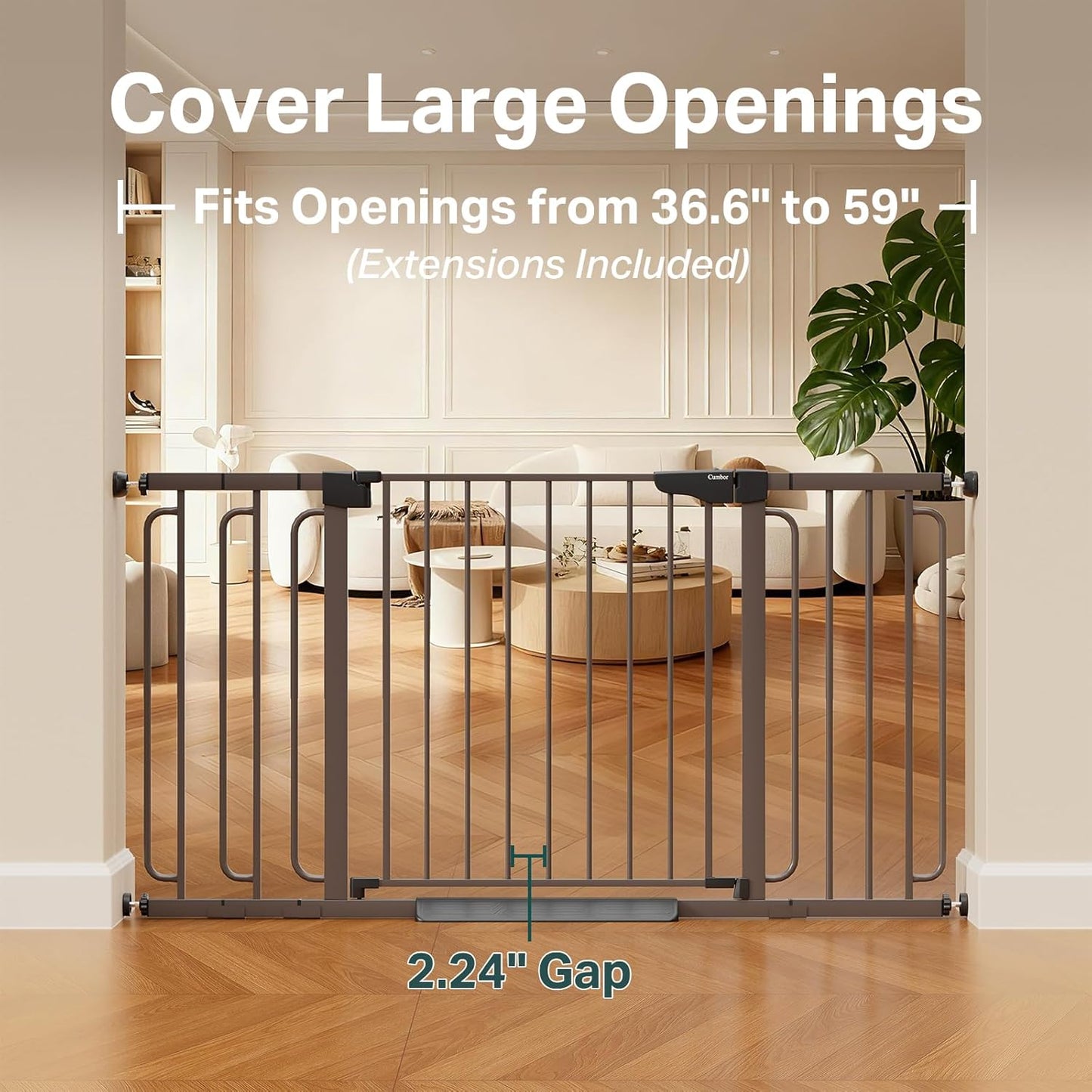 Cumbor 36.6-64" Extra Wide Baby Gate for Stairs, Dog Gates for Doorways, Auto-Close Pet Gate Indoor, Pressure Mounted Walk Through Safety Child Gate for Kids Toddler, Tall Pet Puppy Fence Gate, Brown