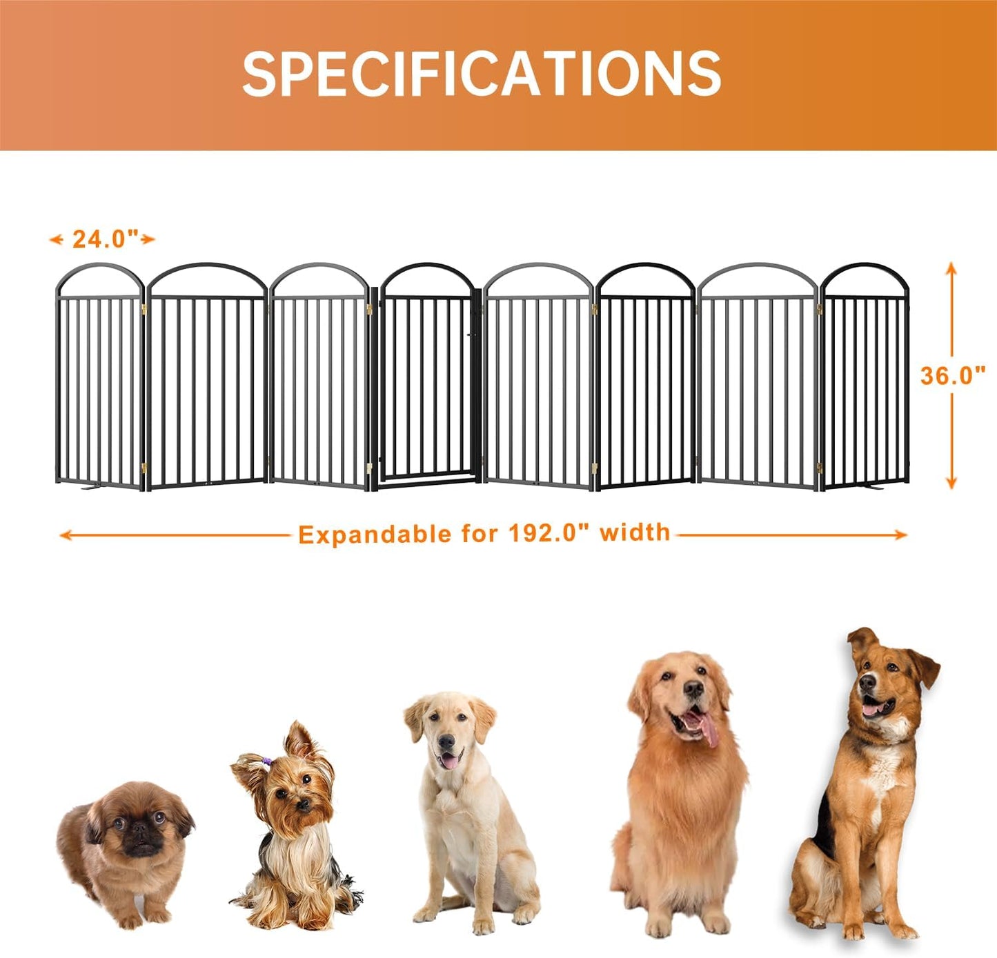 SNUOWU 4 Panels Full Matel Freestanding Dog Gates with Door, 96"Extra Wide 32"Tall Free Standing Dog Pet Gate for Indoor & Outdoor. Foldable Pet Fences for Doorways, House, Stairs, Porch, Deck, Yard
