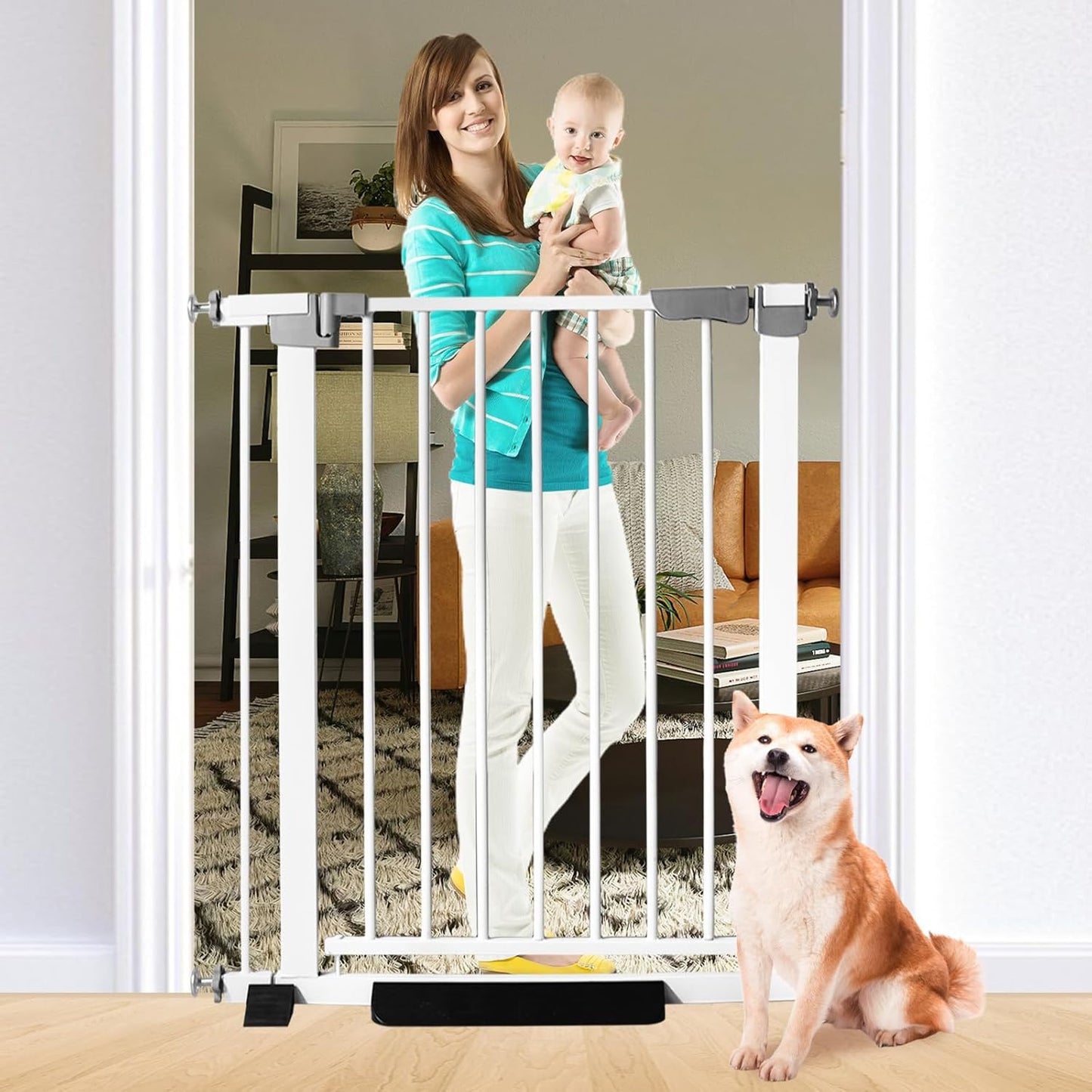 41 Inch Tall Baby Gate Auto Close Dog Gate Adjustable 29.92"-57.48" Wide Pressure Mounted Walk Through Swing Pet Gate for Doorways (White, 29.92"-57.48" Wide)