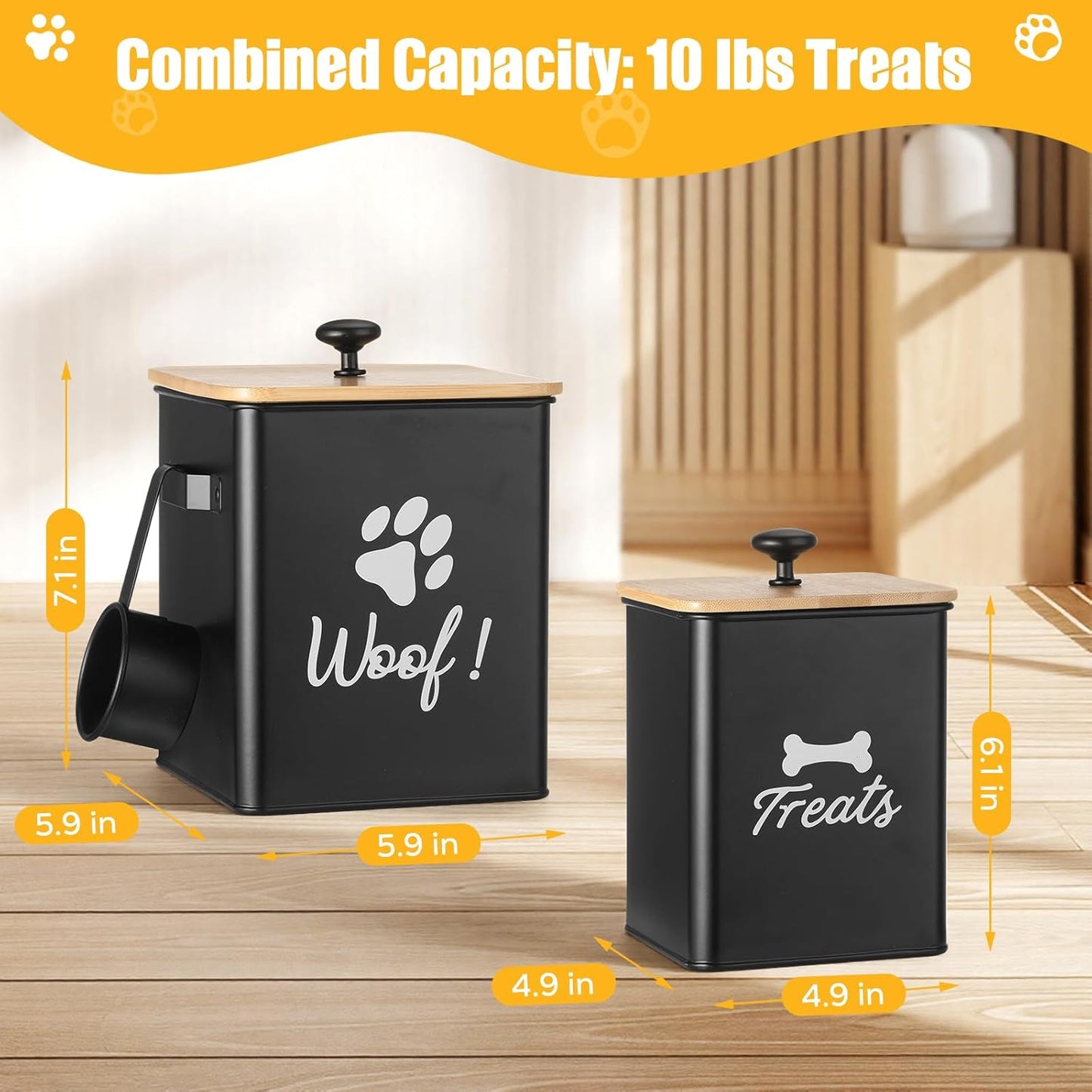 Dog Treat Container Set of 2, Dog Food Storage Containers with Airtight Lids, Metal dog treat jars for Kitchen Countertop, Pet Cookie Canister to Keep Treats Fresh, 9.4''×7.1''×9.6", Black