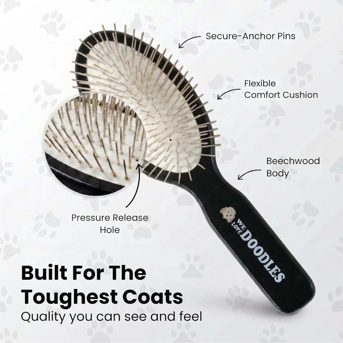 We Love Doodles Pin Brush for Dogs, Pet Grooming Detangler Pin Dog Brush, Dog Brush for Shedding and Removing Loose Fur, Lightweight Beech Wood (Silver Pins)