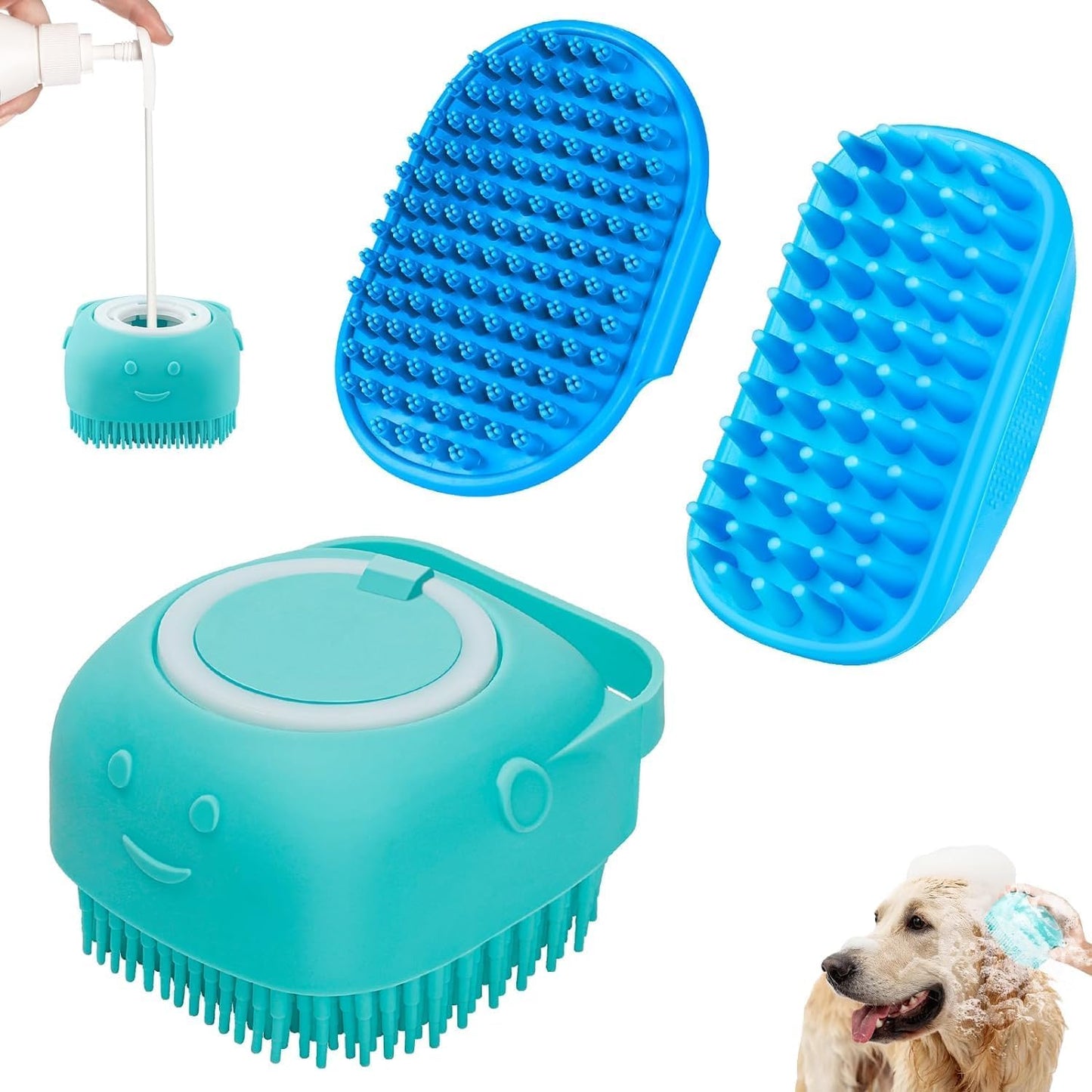 Comotech 3-in-1 Dog Grooming Brush | Adjustable Handle Shampoo Brush & Scrubber for Short & Long Haired Dogs & Cats (Blue Blue White)