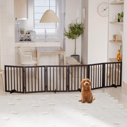 Freestanding Dog Gates Indoor, 3-Panel Pet Gates with 2 Metal Stands and 360° Hinge, 24" H Foldable Dog Gate for Stairs, Doorway, Kitchen, Expands Up to 55" Fully Assembled - Black Walnut