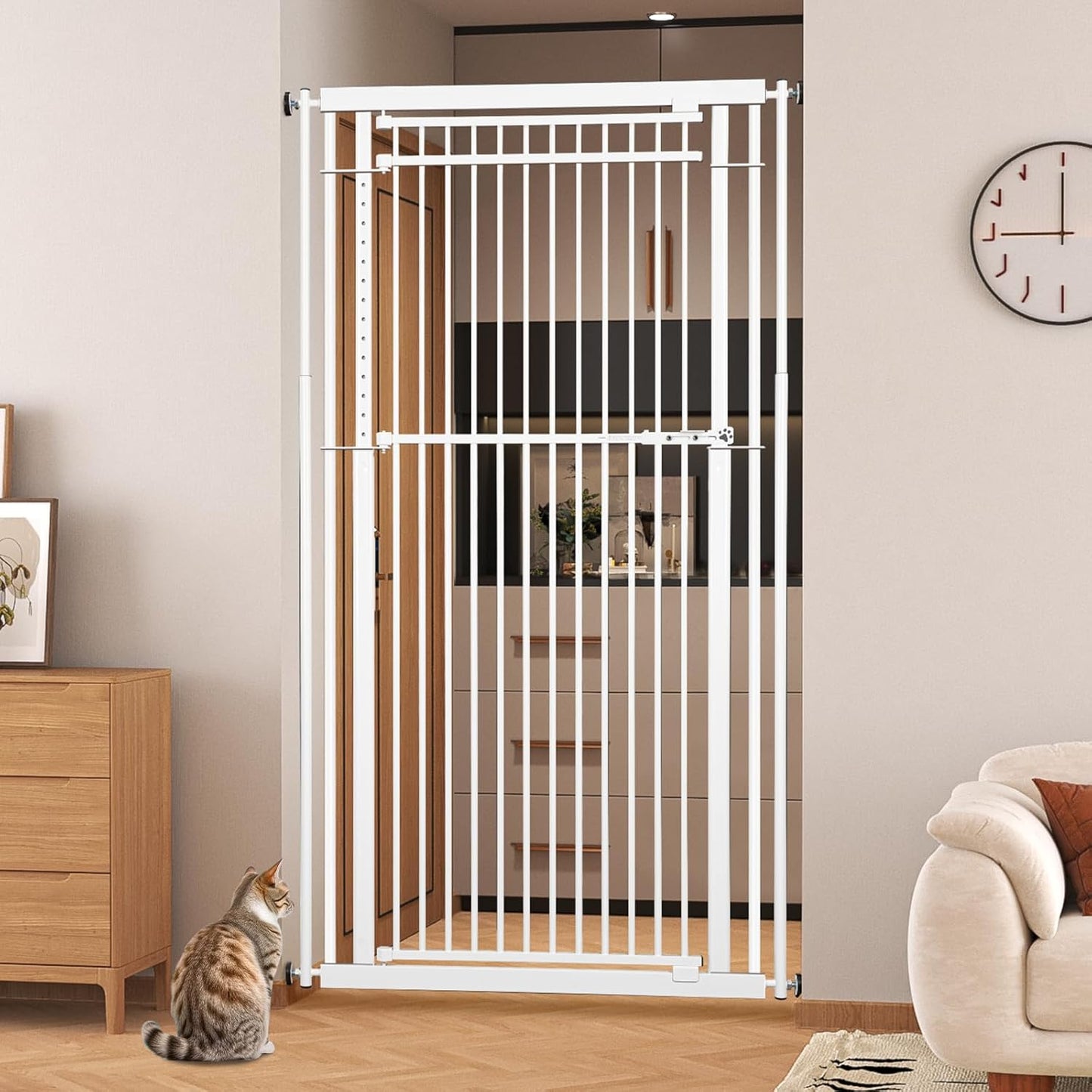 78.8" Extra Tall Cat Gate, 32.8-37.4" Wide Tall Dog Gate for Doorways/Hallways, NO Drilling Pressure Mounted Pet Gate for Stairs, Studio, Kitchen (White)