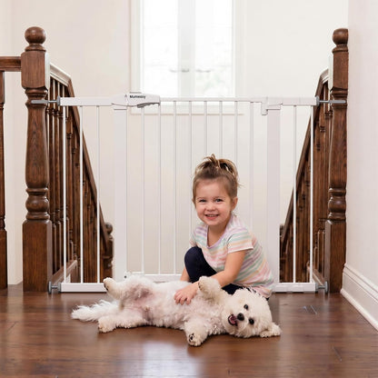Mumeasy 29.7-46" Baby Gate for Stairs, Pressure Mounted Dog Gate for Doorways, Auto Close Walk Through Pet Gate Indoor, Extra Wide Metal Child Safety Gate, Mom's Choice Awards Winner, Black