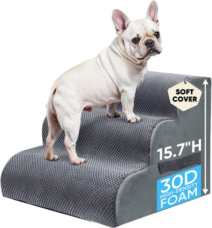 PAWSCRAT Pet Stairs for Dogs 4-Step, 19.6" H Pet Stairs for High Bed, Couch Sofa & Chair, 30D Material Soft Foam Dog Steps with Non-Slip Bottom Surface Removable Washable Cover, Grey