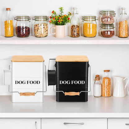 Tioncy 2 Pcs Metal Dog Food Storage Containers Total 10-14 Lbs (50 Cup) Capacity, Airtight Pet Food Canister with Bamboo Lids Scoop DIY Labels Dog Treat Storage Jars for Kitchen Counter(White)