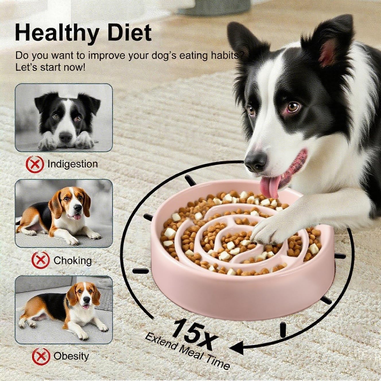 Ceramic Slow Feeder Dog Bowls with Anti-Slip, Slow Feeder & Non-Slip Design, Boredom and Anxiety Reducer, Suitable for All Breed Dogs and Cat (Ceramic-White)