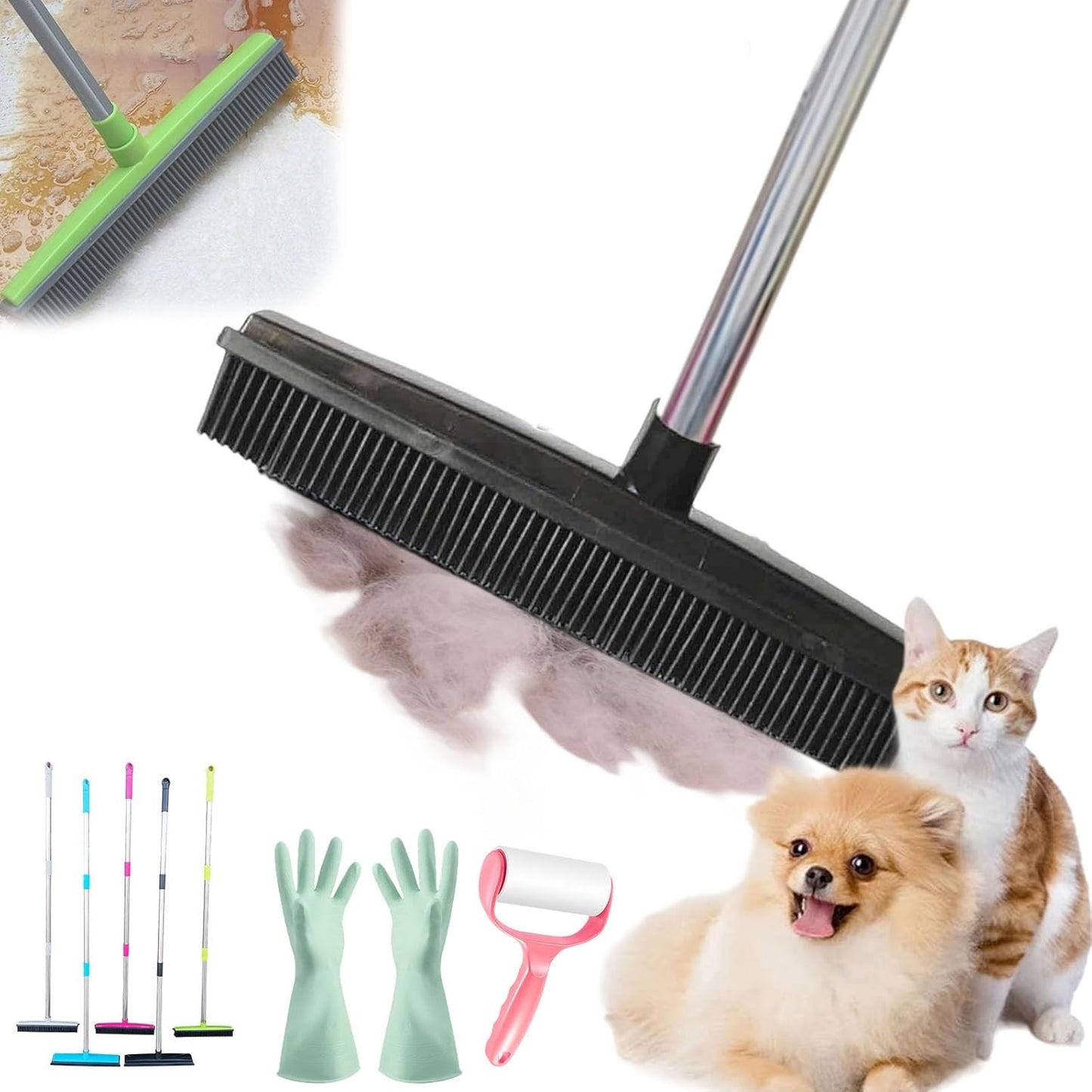 Pet Hair Rubber Broom, Rubber Broom for Pet Hair On Carpet, Pets Hairs Removal Broom with 49" Adjustable Handle, Soft Push Broom with Squeegee for Carpet, Hardwood Floor, Tile (E)