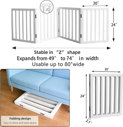 Dog Gate Indoor, Freestanding Dog Fence for The House, Doorways, Hallways,or Stairs,Pet Gate Foldable Wooden,Expandable 24" Height 3 Panels,White