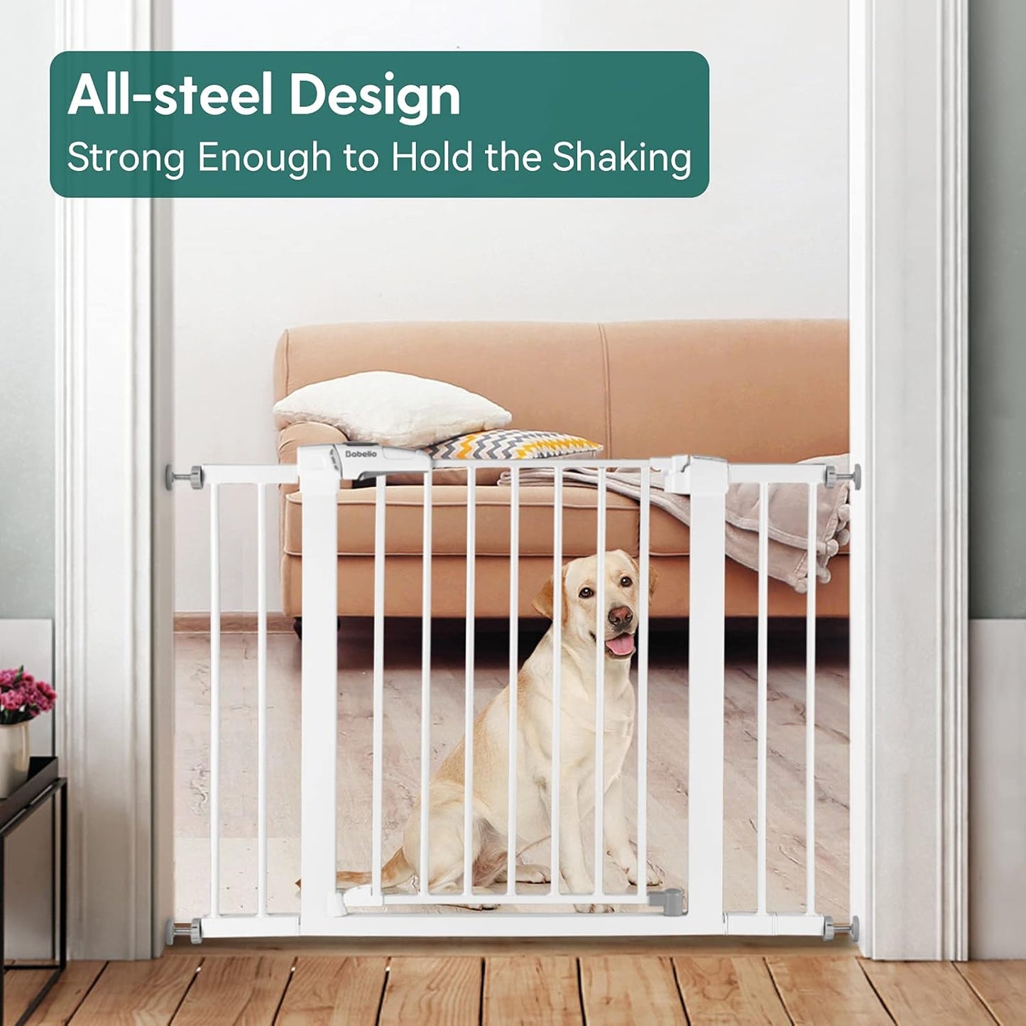 BABELIO Baby Metal Gate Extension with Wood Pattern, 5.5'' Extra Wide Pet Gate for Stairs & Doorways, Pressure Mounted Baby Gate Dog Gate, No Tools Required, 30'' Tall