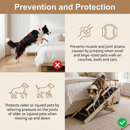 Dog Ramp for Bed, 43.5" Long Wooden Foldable Dog Ramp, 6 Adjustable Heights from 14" to 26" with Anti-Slip Traction Mat, Portable Pet Ramp for Car, Bed, Couch, Max 200lbs - 43.5inch
