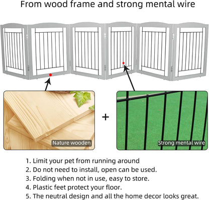 ZJSF Freestanding Foldable Dog Gate for House Extra Wide Wooden White Indoor Puppy Gate Stairs Doorways Pet Gate Tall Dog Fence 3 Panels Fence