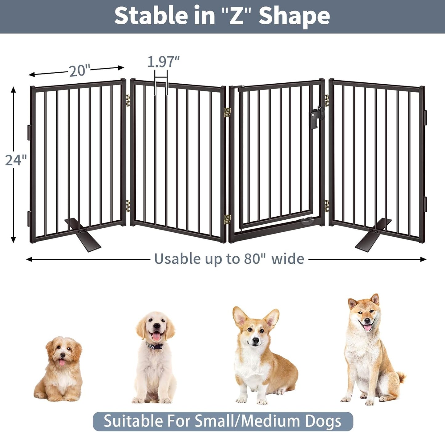 Metal Freestanding Dog Gates with Door for Outdoor Indoor,80'' Extra Wide 32'' Tall Free Standing Dog Gate for Doorways,Large Openings,Deck,Yard,Foldable Safety Pet Fence(Black,4 Panels)