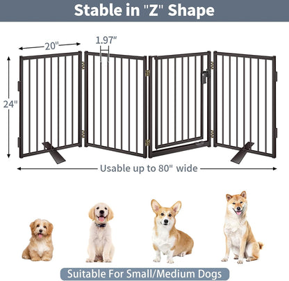 Metal Freestanding Dog Gates with Door for Outdoor Indoor,80'' Extra Wide 32'' Tall Free Standing Dog Gate for Doorways,Large Openings,Deck,Yard,Foldable Safety Pet Fence(Black,4 Panels)