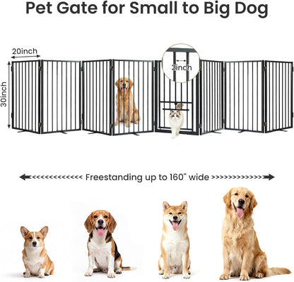 Metal Freestanding Dog Gate with Cat Door for Outdoor Indoor,80" Extra Wide Foldable Pet Fence,30" Tall Dog Gate for Large Opening,Stairs,Hallways,Doorways,Deck,Yard,with 3PCS Support(4 Panels,Black)