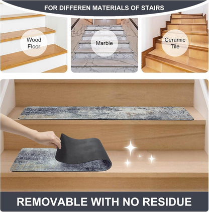 Tiveney Stair Treads Non Slip for Wooden Steps, 15PCS 8"x30" Grey Rubber Backing Stair Runner Mats, Washable Reusable Carpet for Stairs Rugs Indoor Safety Staircase Step Treads for Kids Elders Dogs