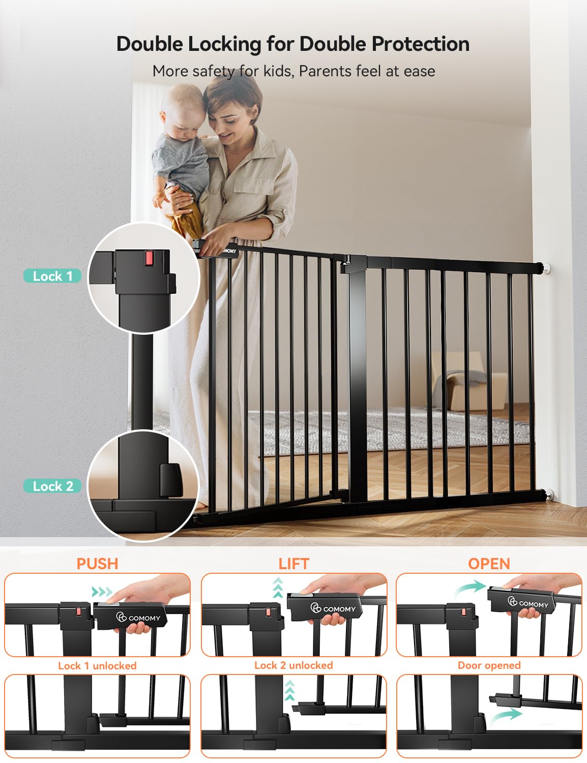 COMOMY 36" Extra Tall Baby Gate for Stairs and Doorways - Fits 29.5" to 48.8" Wide Openings, Auto Close Extra Wide Dog Gate for House, Pressure Mounted Easy Walk Through Pet With Door, Black
