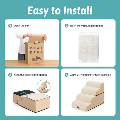 COZY KISS Extra Wide Dog Stairs with Tunnel, Foam Detachable Large Dog Step for Small Pet, Puppy or Cats, Medium Pet Ramp for High Bed, Couch, Sofa or Car, 19.7x33x22.4 inch, 5 Step, Beige