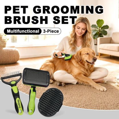 Blue Pet Grooming Kit 3Pcs Self-Cleaning Slicker Brush for Dogs&Cats Double-Sided Dematting&Deshedding Comb Dog Bath Massage Brush Professional Grooming Tools for Short&Long Hair Pets