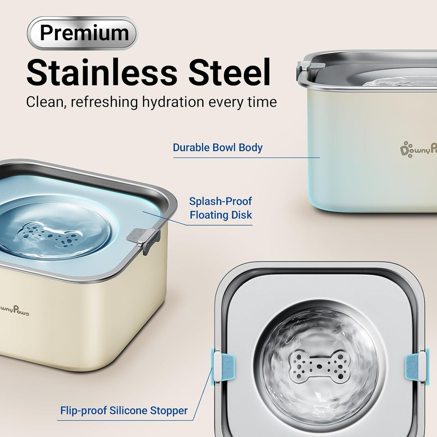 DownyPaws No Spill Water Bowl for Dogs,101oz/3L Slobber Stopper Stainless Steel, Slow Drinking Dog Water Bowl, No Mess Dog Water Dispenser Spill Proof, Dishwasher Safe, Black