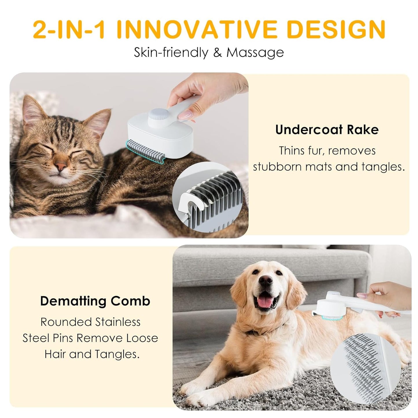 2-IN-1 Pet Self-Deshedding and Grooming Brush, Dogs and Cats Brush with Undercoat Rake & Adjustable Bristle Length Comb, One-Click Hair Removal for Matted Fur Tangles Removal Long and Short Hair Pets