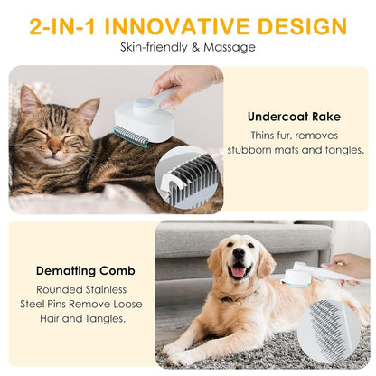 2-IN-1 Pet Self-Deshedding and Grooming Brush, Dogs and Cats Brush with Undercoat Rake & Adjustable Bristle Length Comb, One-Click Hair Removal for Matted Fur Tangles Removal Long and Short Hair Pets