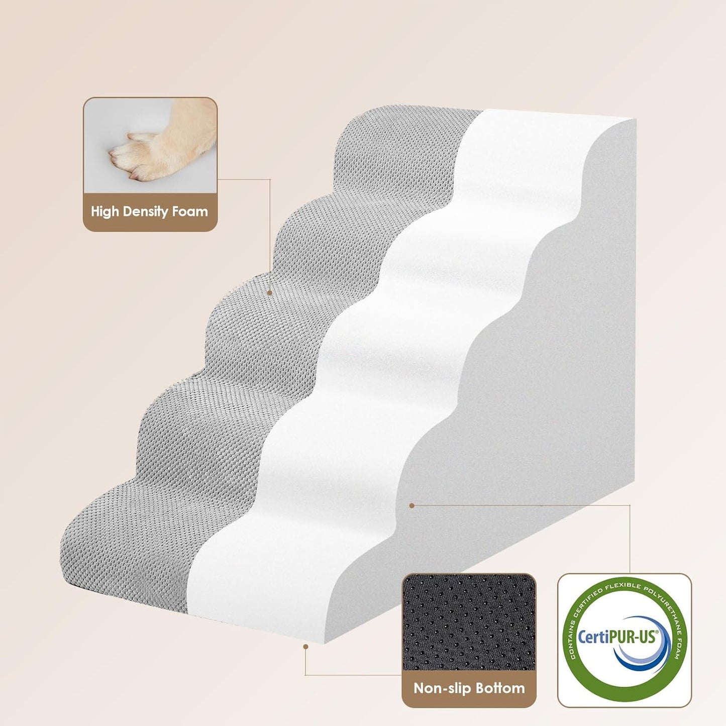 EHEYCIGA Curved Dog Stairs Ramp for High Beds 19.7" H, 4-Step Dog Steps for Small Dogs and Cats, Pet Stairs for High Bed Climbing, Non-Slip Balanced Pet Step Indoor, Grey