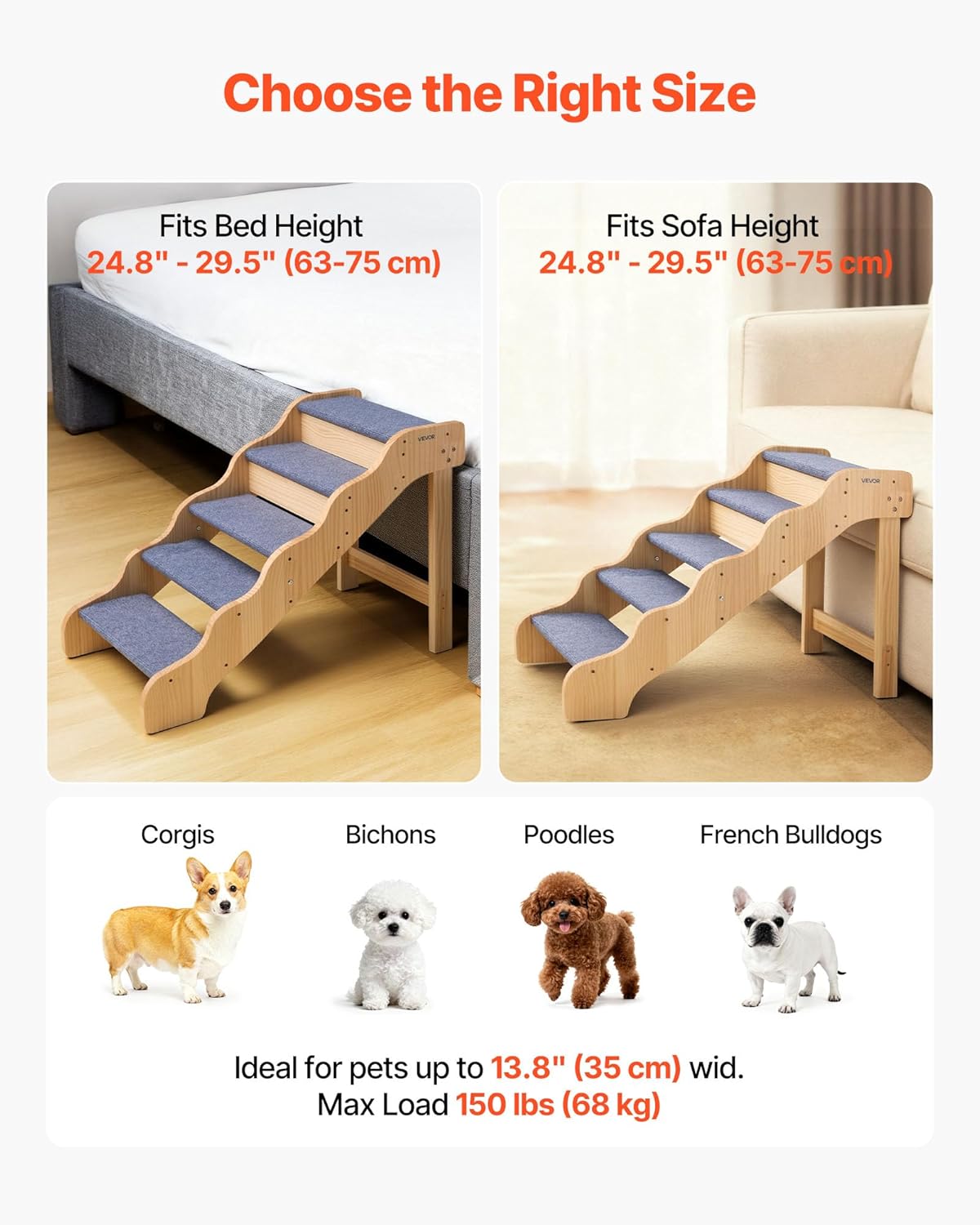 VEVOR Wood Pet Stairs, 2-Step Dog Stairs for Beds, Sofa & Cars, 110lbs Load Capacity, Floded Flat Design, Stable & Sturdy Cat & Dog Step Ladder for Small Medium Large Older Pet Puppy Essentials