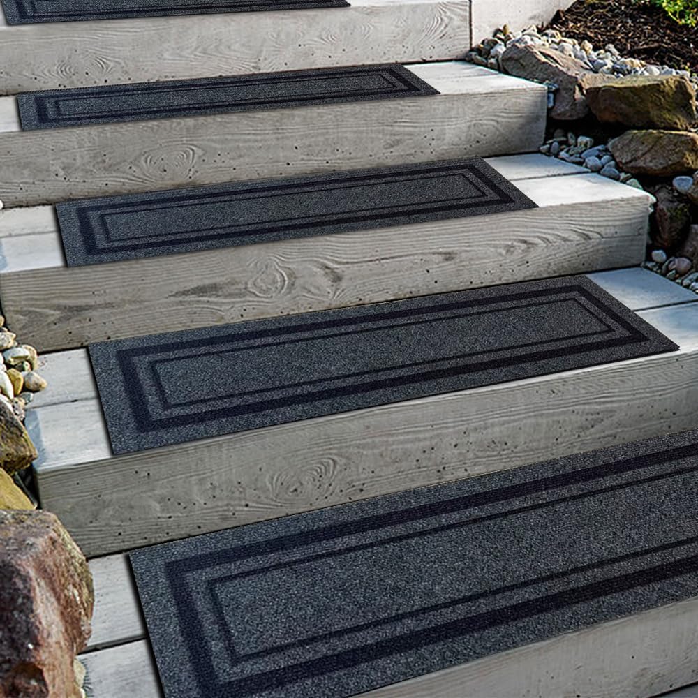 Aucuda 8.5" x 30" Outdoor Stair Treads for Dogs on Wooden Steps Spring, Non Slip Stair Runner Rug Heat Insulation Rubber Backing, Frame Staircase Mat Carpet for Indoor Grip Farmhouse. (6pcs)