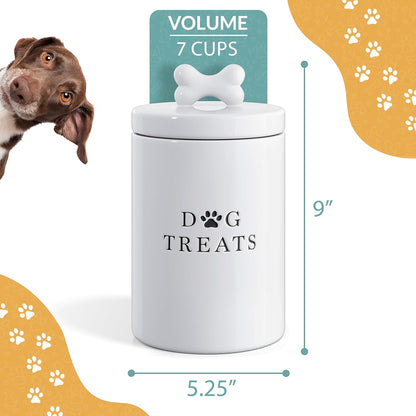 Barnyard Designs Large Dog Treat Container Airtight with Lid, Cute Rustic Ceramic Dog Treat Storage Jar for Kitchen Counter (White)