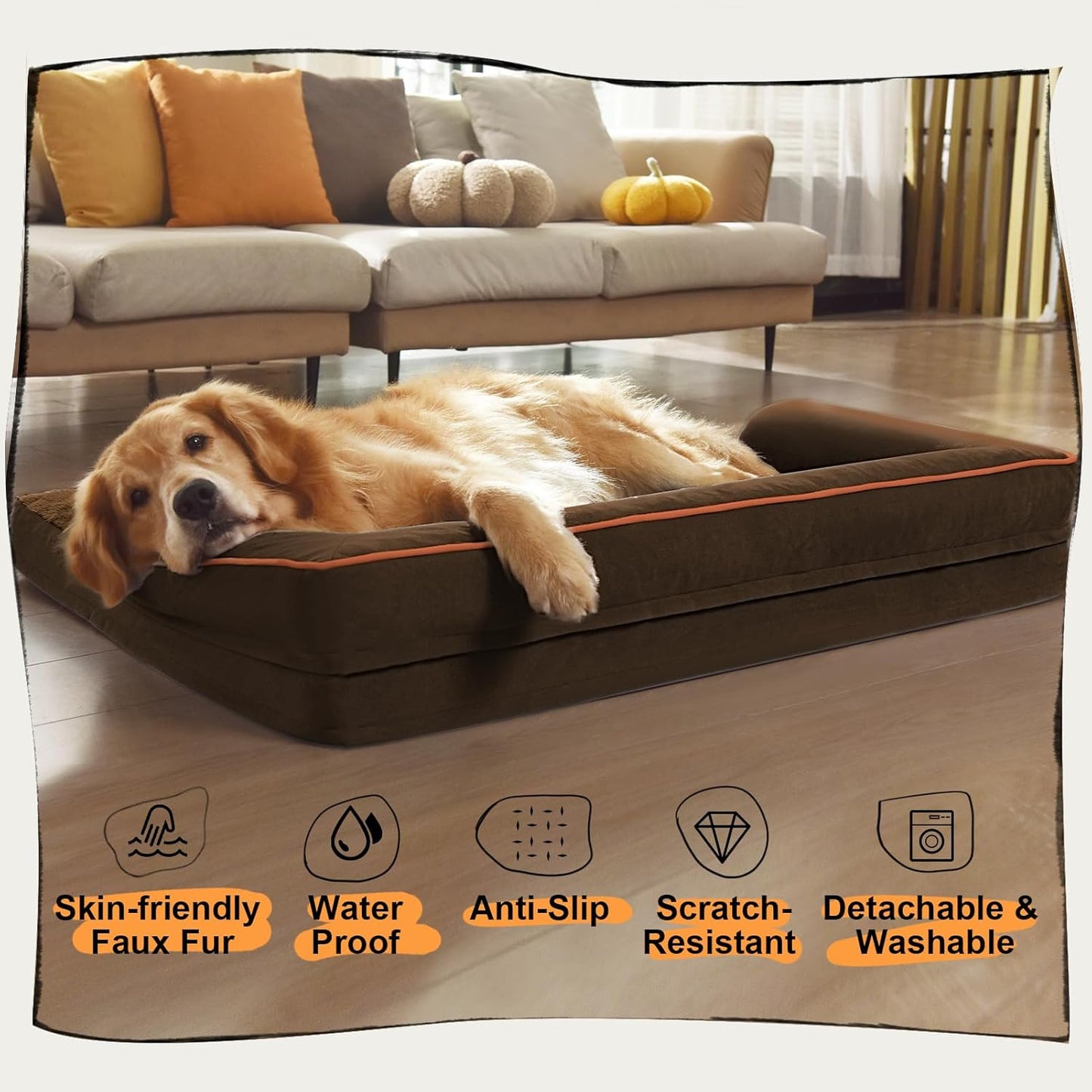 Large Dog Bed Orthopedic Washable - Beds Bolster - Medium XL XLarge Big Dogs - Memory Foam Couch Sofa - Waterproof with Removable Cover