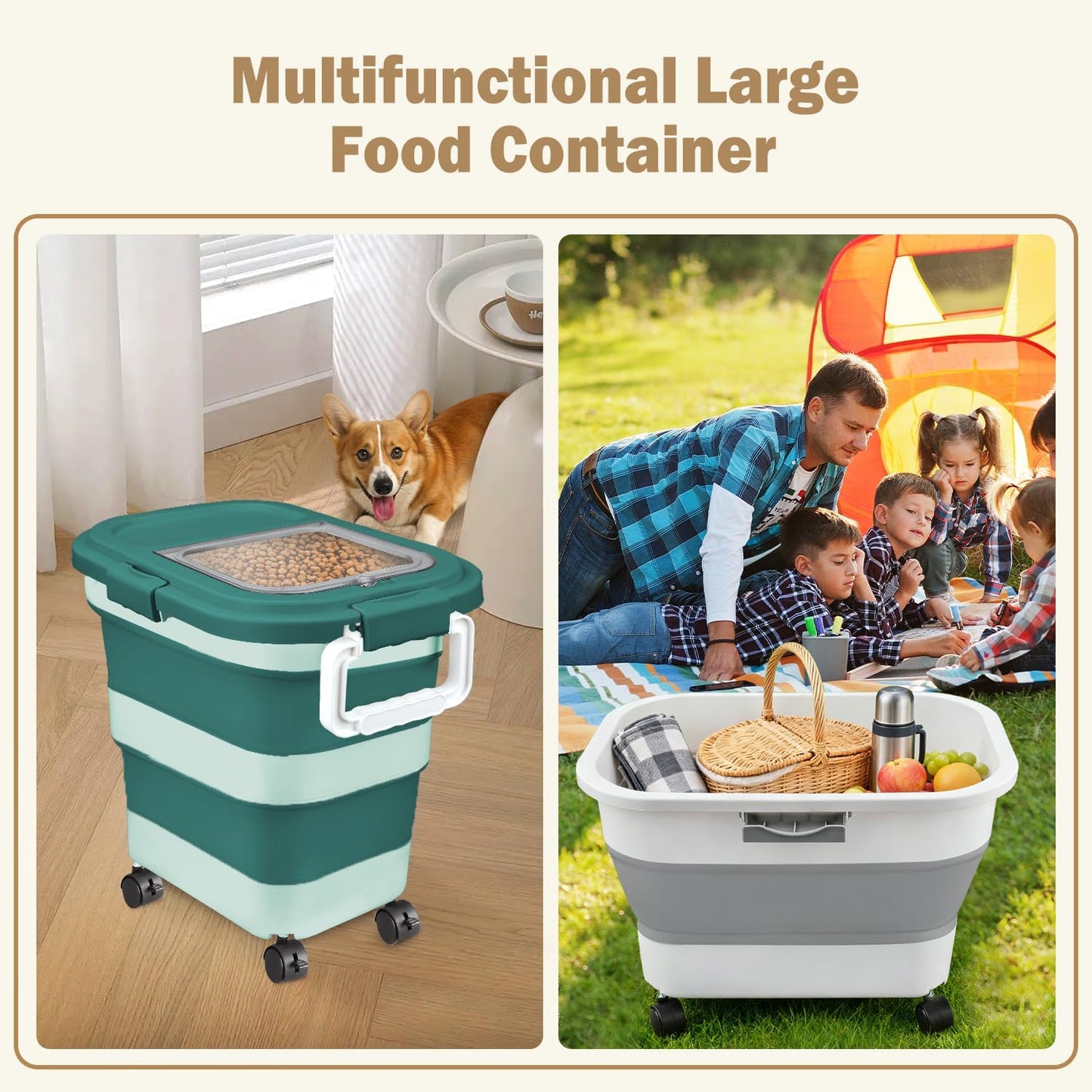 Komzon Rice Storage Container, Collapsible Airtight 10-40 Lb Rice Storage Container, 25lb Pet Dog Food Storage Container, Rice Dispenser Bin with Cup and Scoop for Flour Cereal Pasta Grain, Cat Bird