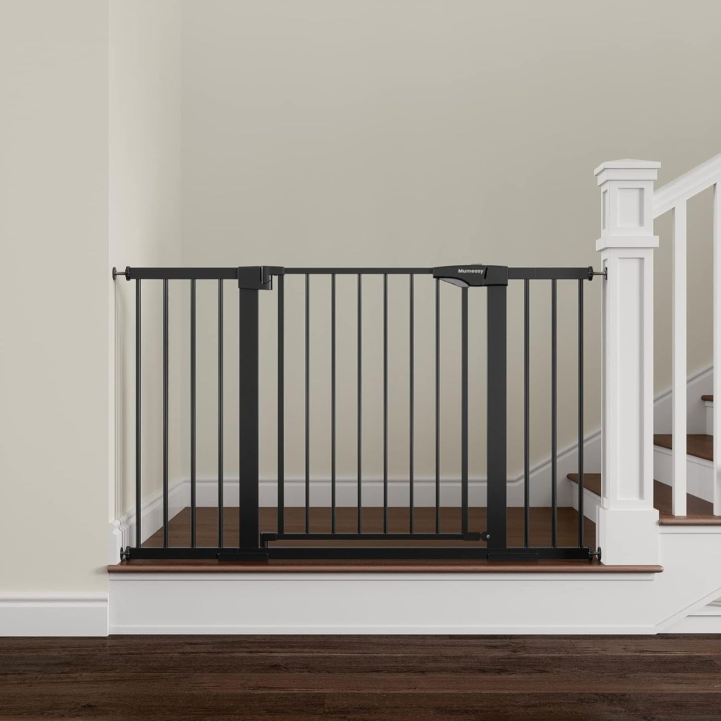 Mumeasy Baby Gate Extra Wide, 29.7-51'' Pressure Mounted Dog Gate with Walk Thru Door, Auto Close Pet Gate for House, Stairs, Doorways,Black