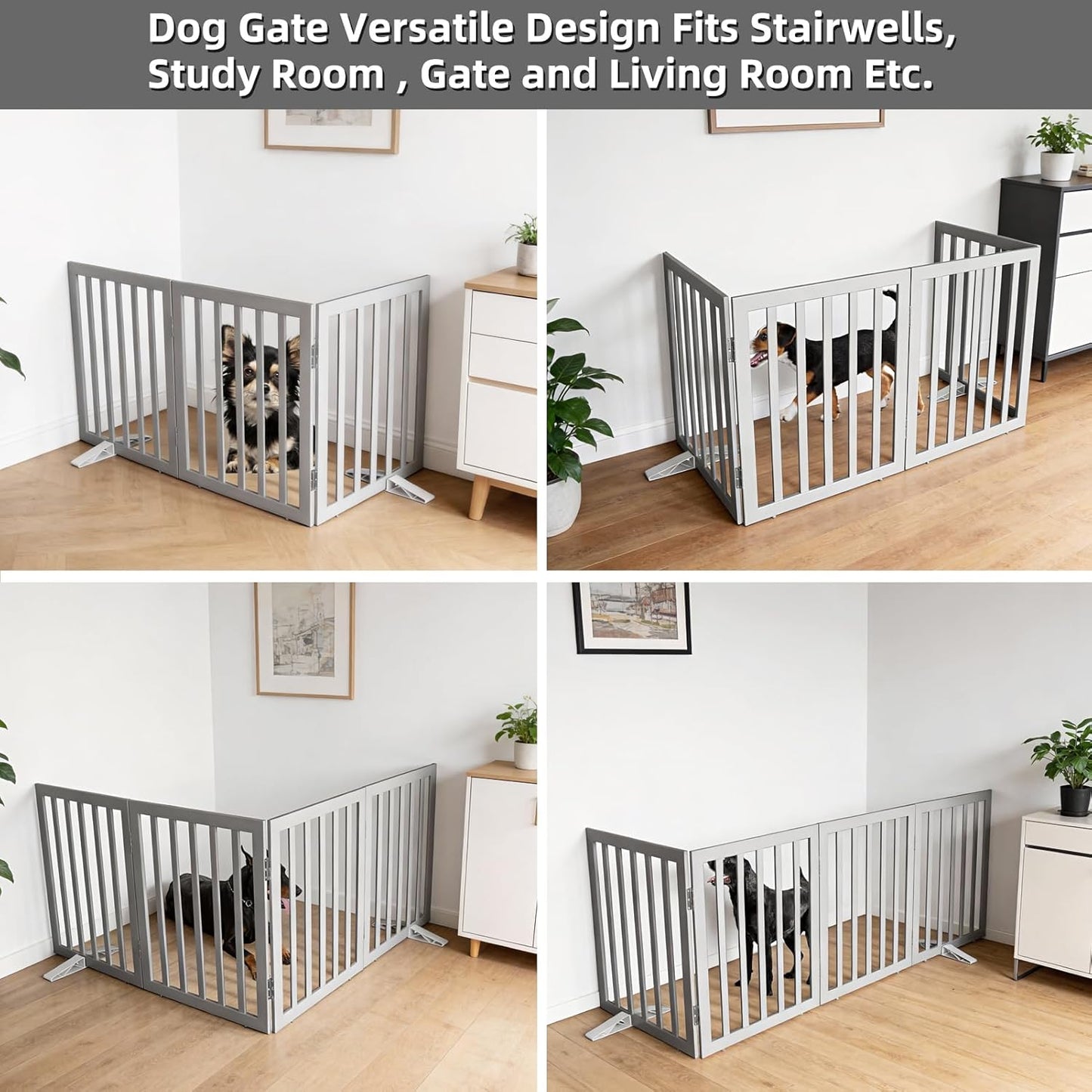 Dog Gate Indoor, Freestanding Dog Fence for The House, Doorways, Hallways,or Stairs,Pet Gate Foldable Wooden,Expandable 24" Height 3 Panels,White